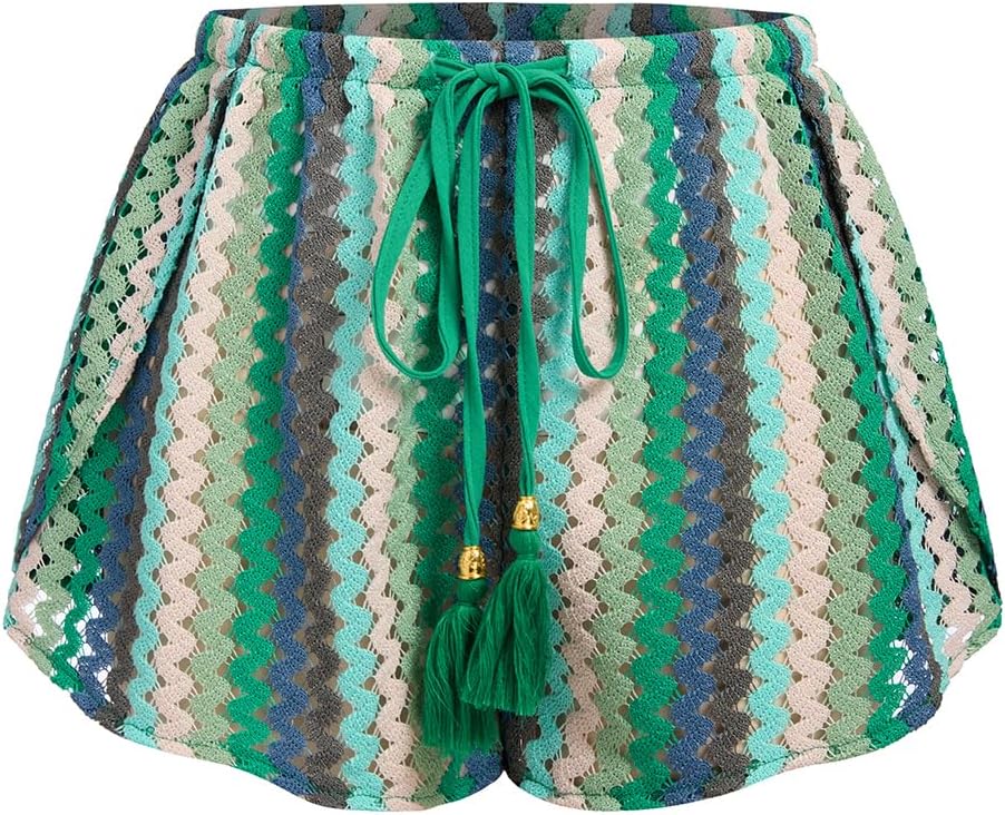 Women's Crochet Cover-Up Shorts - High Waisted Beach Bottoms with Drawstring Waist and Flowy Side Slits - Medium