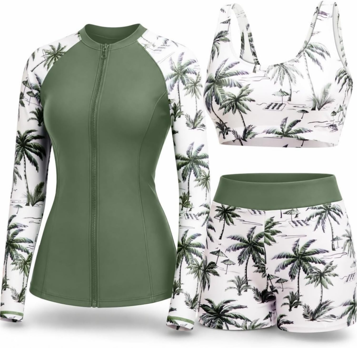 Women's 3 Piece Rash Guard Set - UPF 50+ Long Sleeve Swim Shirt, Built-In Bra Top and Mid Rise Bottoms - Medium