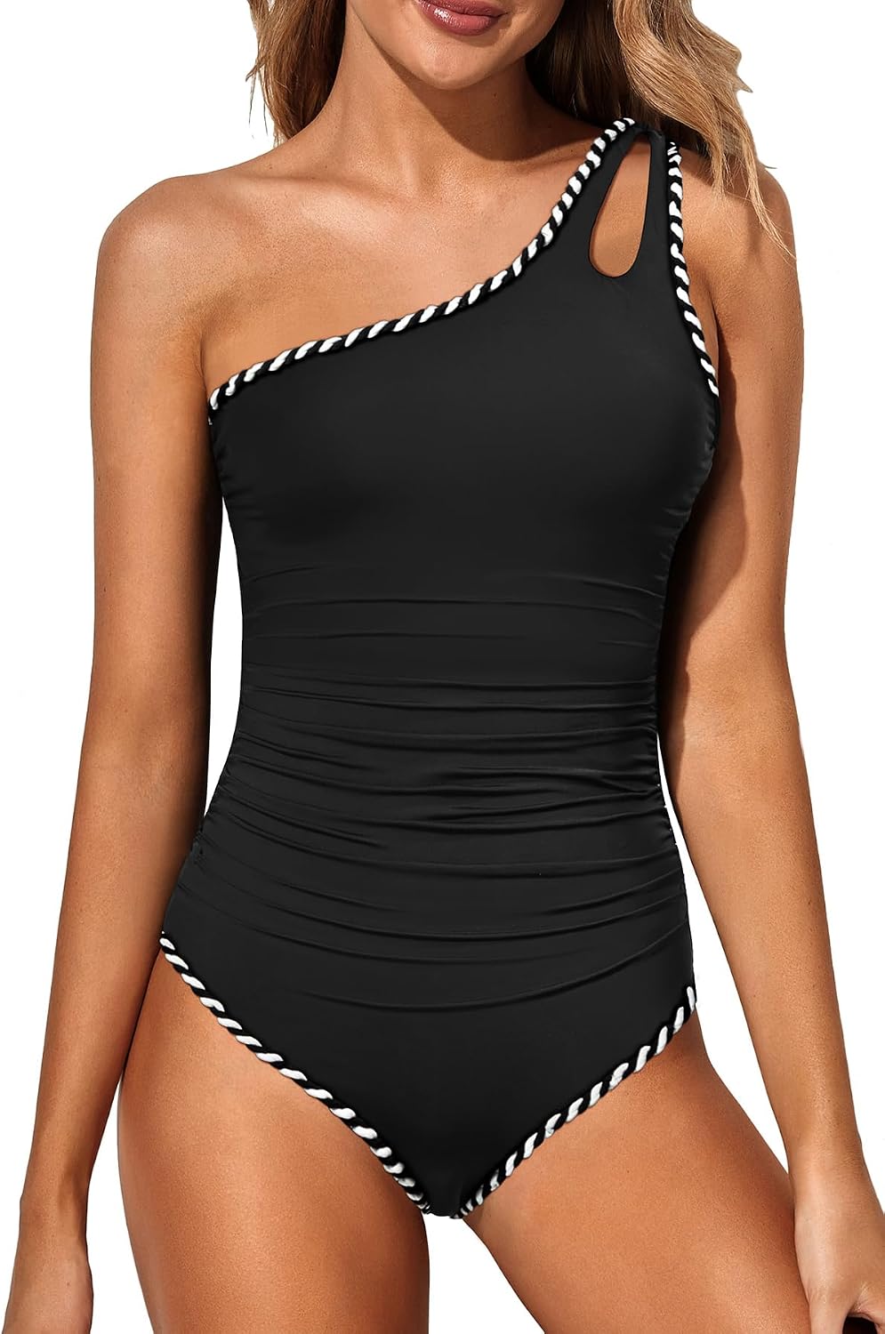 Women's One Shoulder One Piece Swimsuit - Keyhole Front, Ruched Tummy Control and Removable Soft Cups - Royal Blue