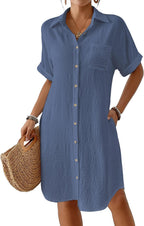 Women's Knee Length Beach Shirt Dress - Short Sleeve Button Down Cover-Up with Pockets for Vacations - Small
