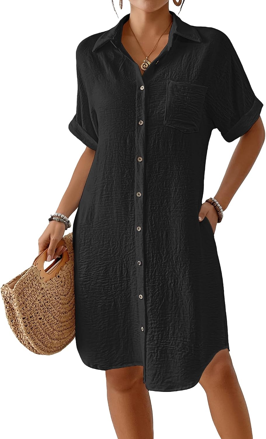 Women's Knee Length Beach Shirt Dress - Short Sleeve Button Down Cover-Up with Pockets for Vacations - Small
