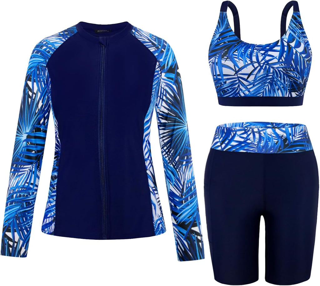 Women's Long Sleeve Rash Guard Set - Swim Shirt with Matching Shorts and Two Pockets for Beach and Pool - Green Coconut 