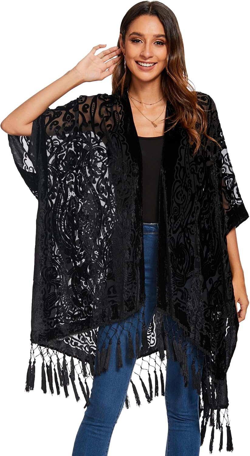 Women's Burnout Velvet Kimono - Long Cardigan Cover-Up with Tassel Trim for Evenings and Resort Wear - (Black 2)