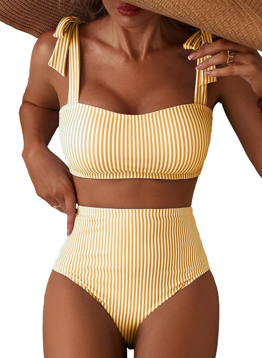 Women's Tie Shoulder Bikini Set - Two Piece with High Waisted Full Coverage Bottoms and Removable Pads - Medium