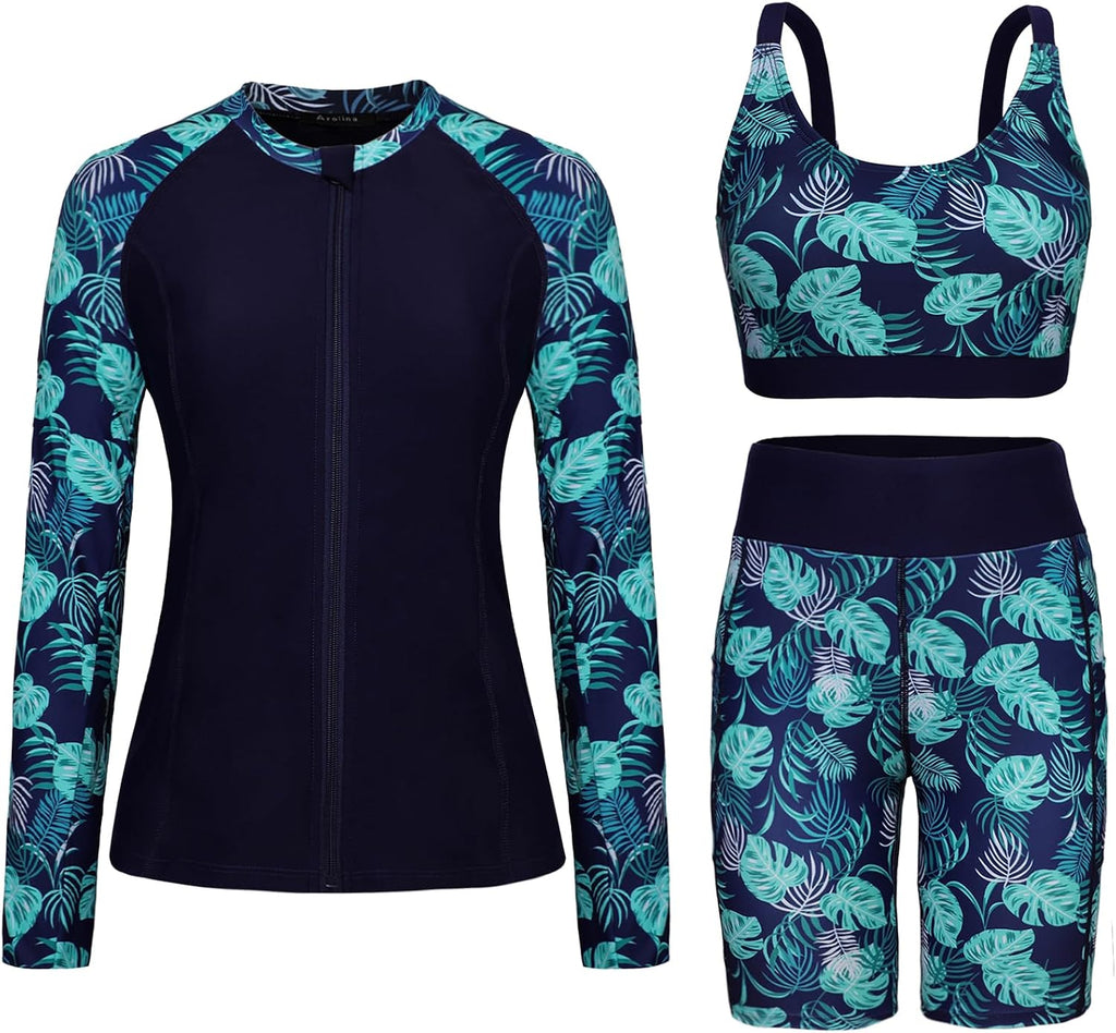 Women's Long Sleeve Rash Guard Set - Swim Shirt with Matching Shorts and Two Pockets for Beach and Pool - Green Paisley