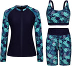 Women's Long Sleeve Rash Guard Set - Swim Shirt with Matching Shorts and Two Pockets for Beach and Pool - Green Paisley