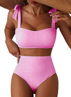 Women's Tie Shoulder Bikini Set - Two Piece with High Waisted Full Coverage Bottoms and Removable Pads - Large