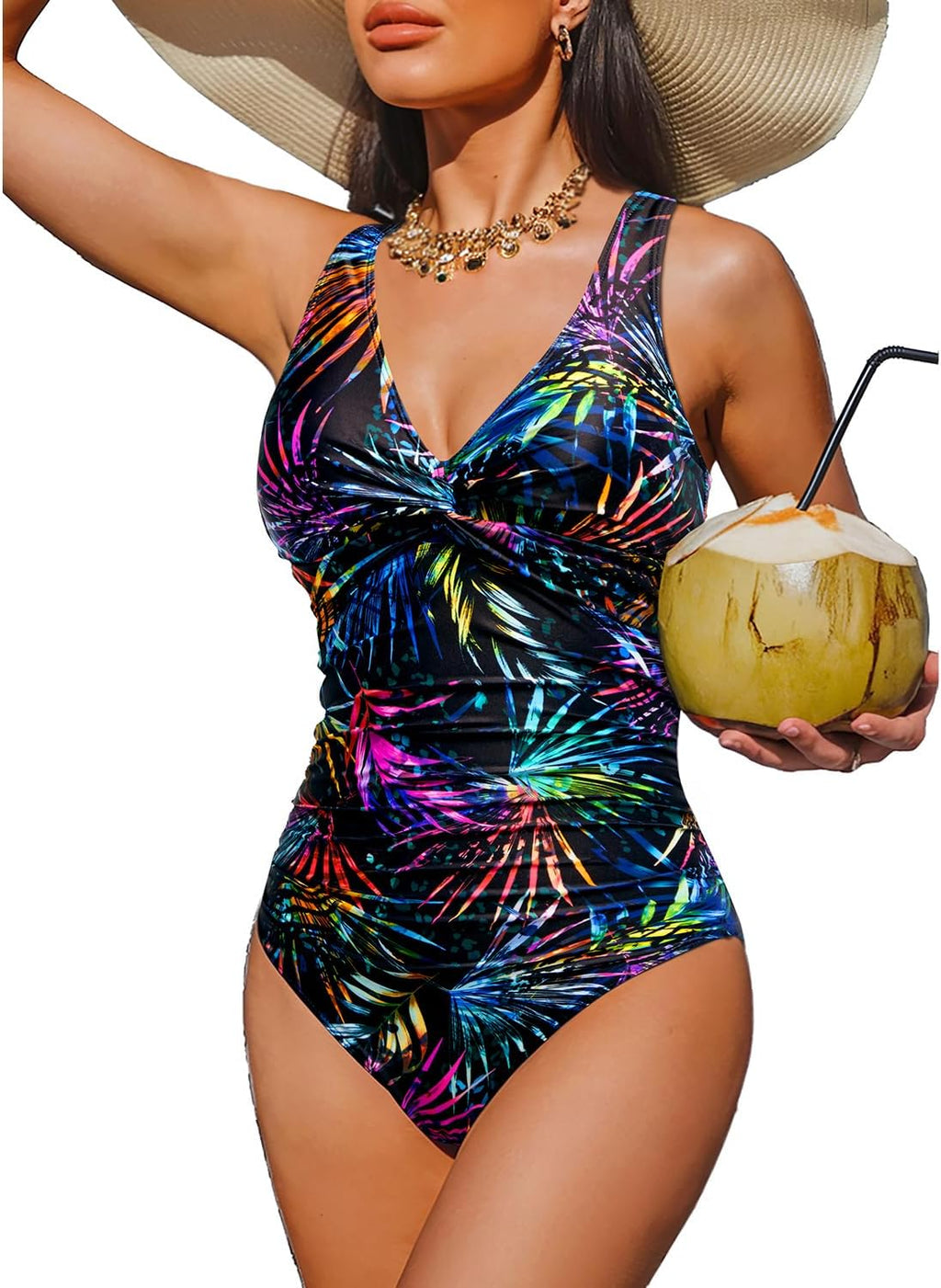 Women's Tummy Control One Piece Swimsuit - V-Neck Twist Front, Removable Pads and Full Coverage for Pool Days - Small