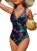 Women's Tummy Control One Piece Swimsuit - V-Neck Twist Front, Removable Pads and Full Coverage for Pool Days - Small