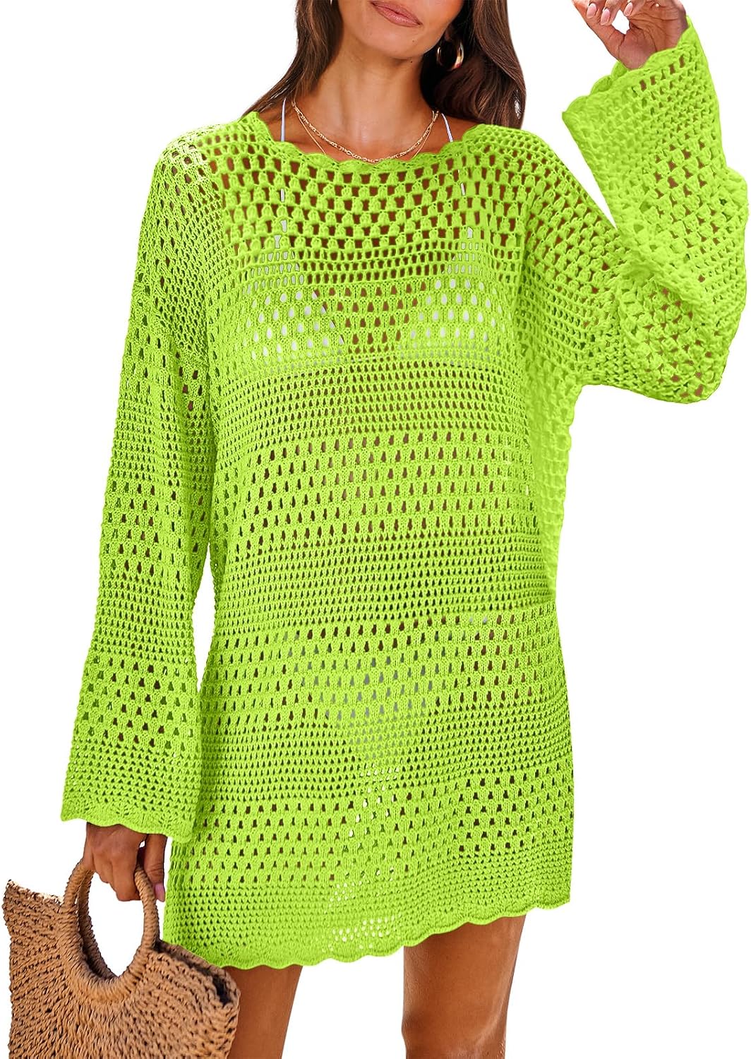 Women's Crochet Cover-Up Mini Dress - Long Sleeve Mesh Knit with Scalloped Hem for Beach and Resort Wear - Medium