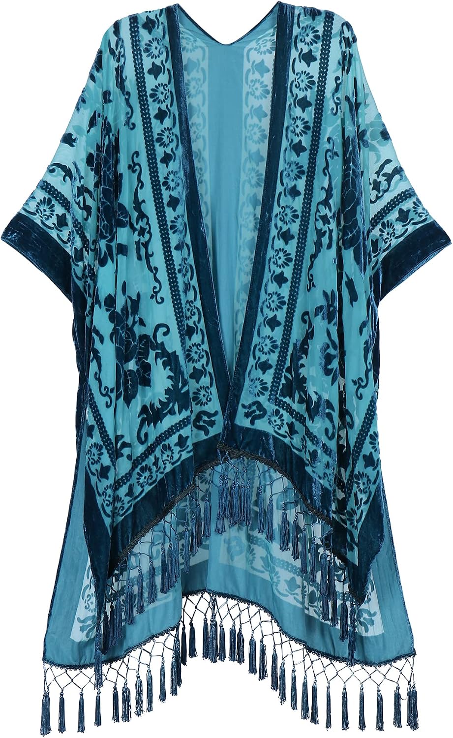 Women's Burnout Velvet Kimono - Long Cardigan Cover-Up with Tassel Trim for Evenings and Resort Wear - Dark Green
