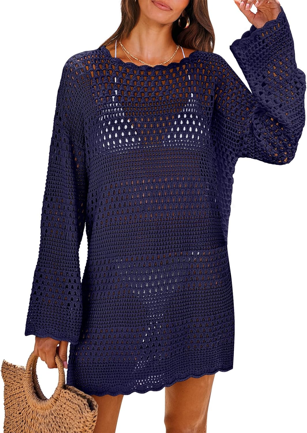 Women's Crochet Cover-Up Mini Dress - Long Sleeve Mesh Knit with Scalloped Hem for Beach and Resort Wear - Small