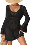 Women's Crochet Cover-Up Dress - Long Bell Sleeves, Adjustable Drawstring Waist and Breathable Knit for Beach Days - Sma