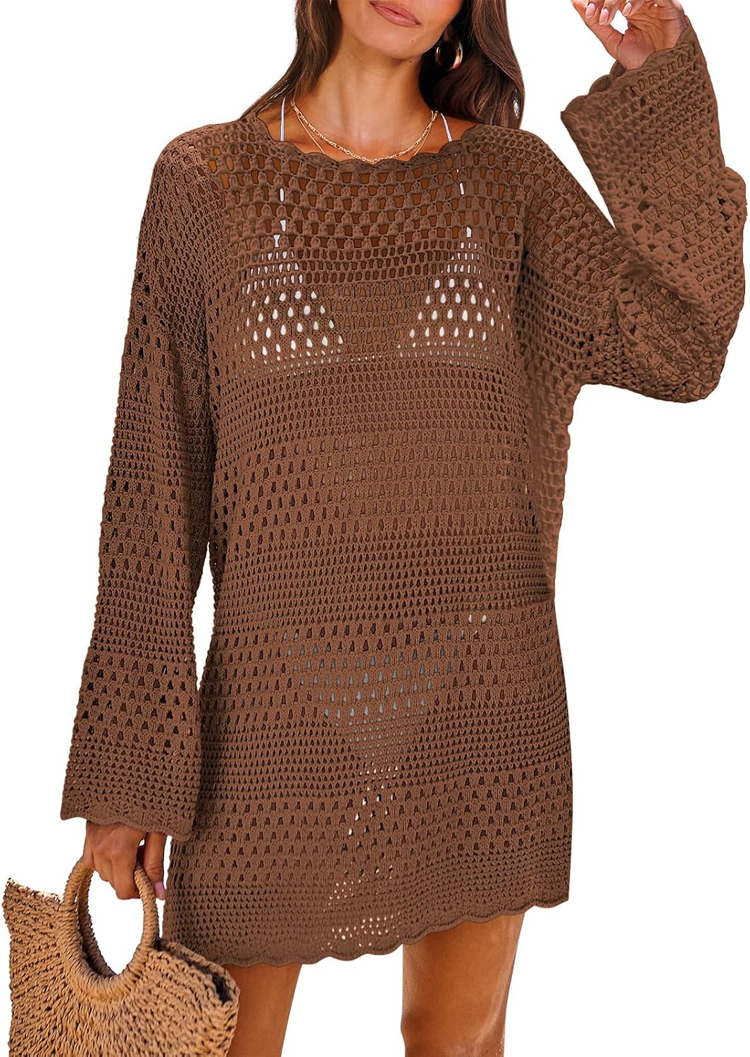 Women's Crochet Cover-Up Mini Dress - Long Sleeve Mesh Knit with Scalloped Hem for Beach and Resort Wear - Small