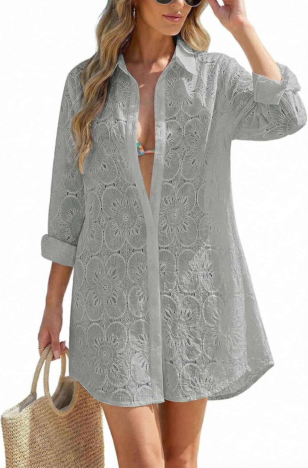 Women's Eyelet Beach Shirt Dress - Long Sleeve Button Down Cover-Up in Prints and Solids for Resort Days - Sky Blue