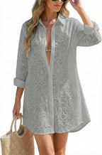Women's Eyelet Beach Shirt Dress - Long Sleeve Button Down Cover-Up in Prints and Solids for Resort Days - Sky Blue