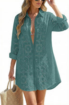 Women's Eyelet Beach Shirt Dress - Long Sleeve Button Down Cover-Up in Prints and Solids for Resort Days - Beige
