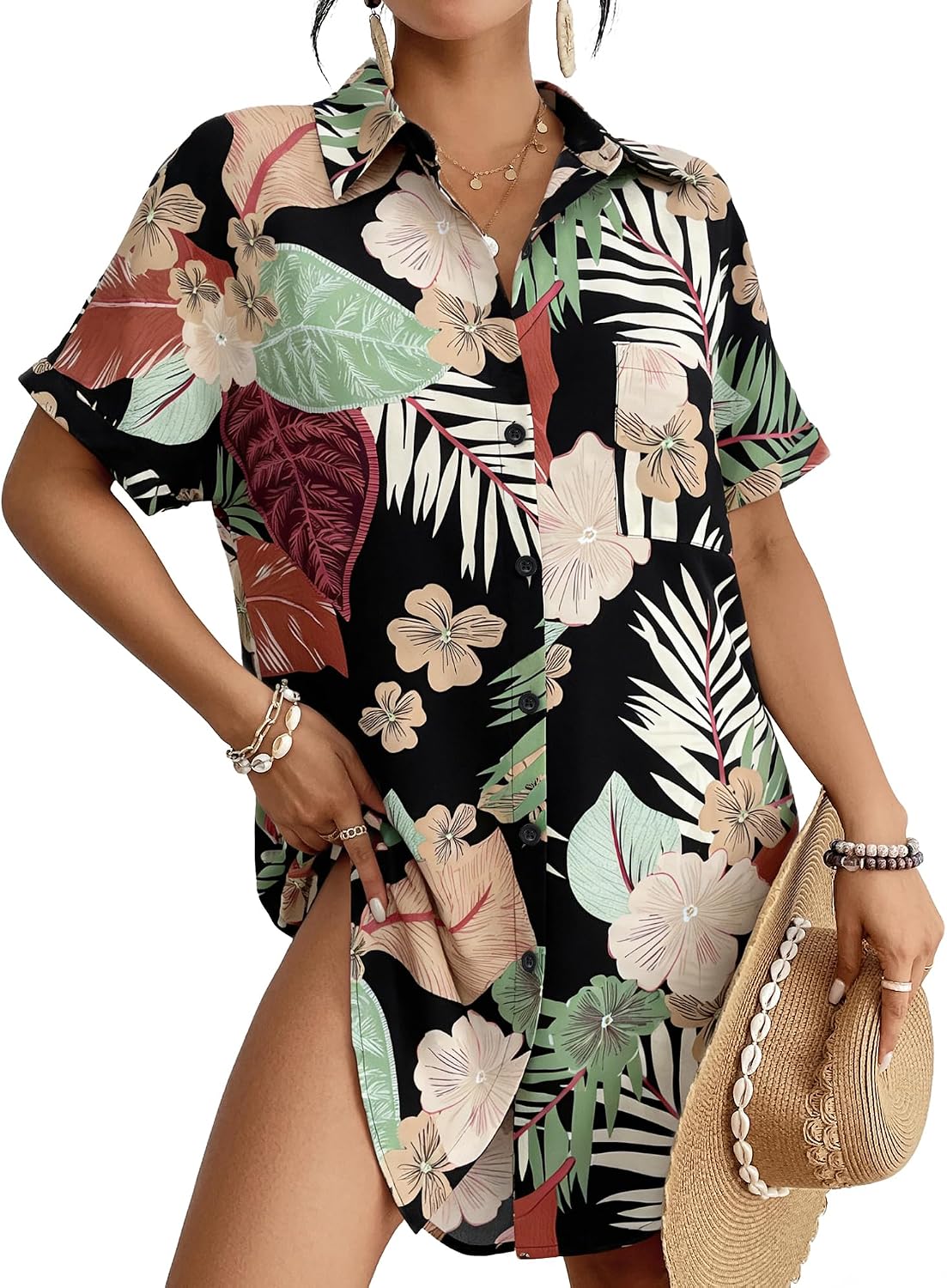 Women's Button Down Beach Shirt Dress - Relaxed Cover-Up in Stripes, Jacquard and Solids for Vacations - Haze Blue (28)