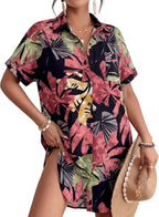 Women's Button Down Beach Shirt Dress - Relaxed Cover-Up in Stripes, Jacquard and Solids for Vacations - Bean Pink (12)