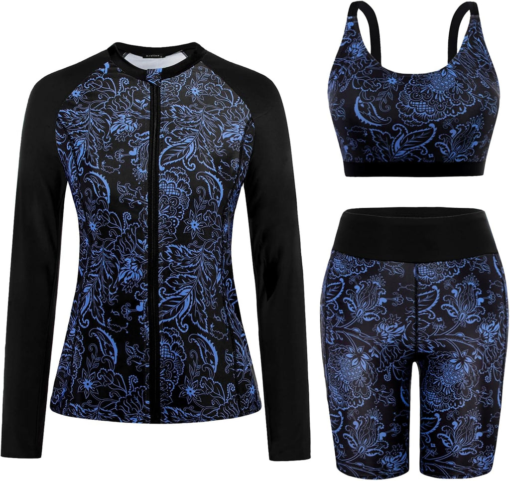 Women's Long Sleeve Rash Guard Set - Swim Shirt with Matching Shorts and Two Pockets for Beach and Pool - Black Flowers