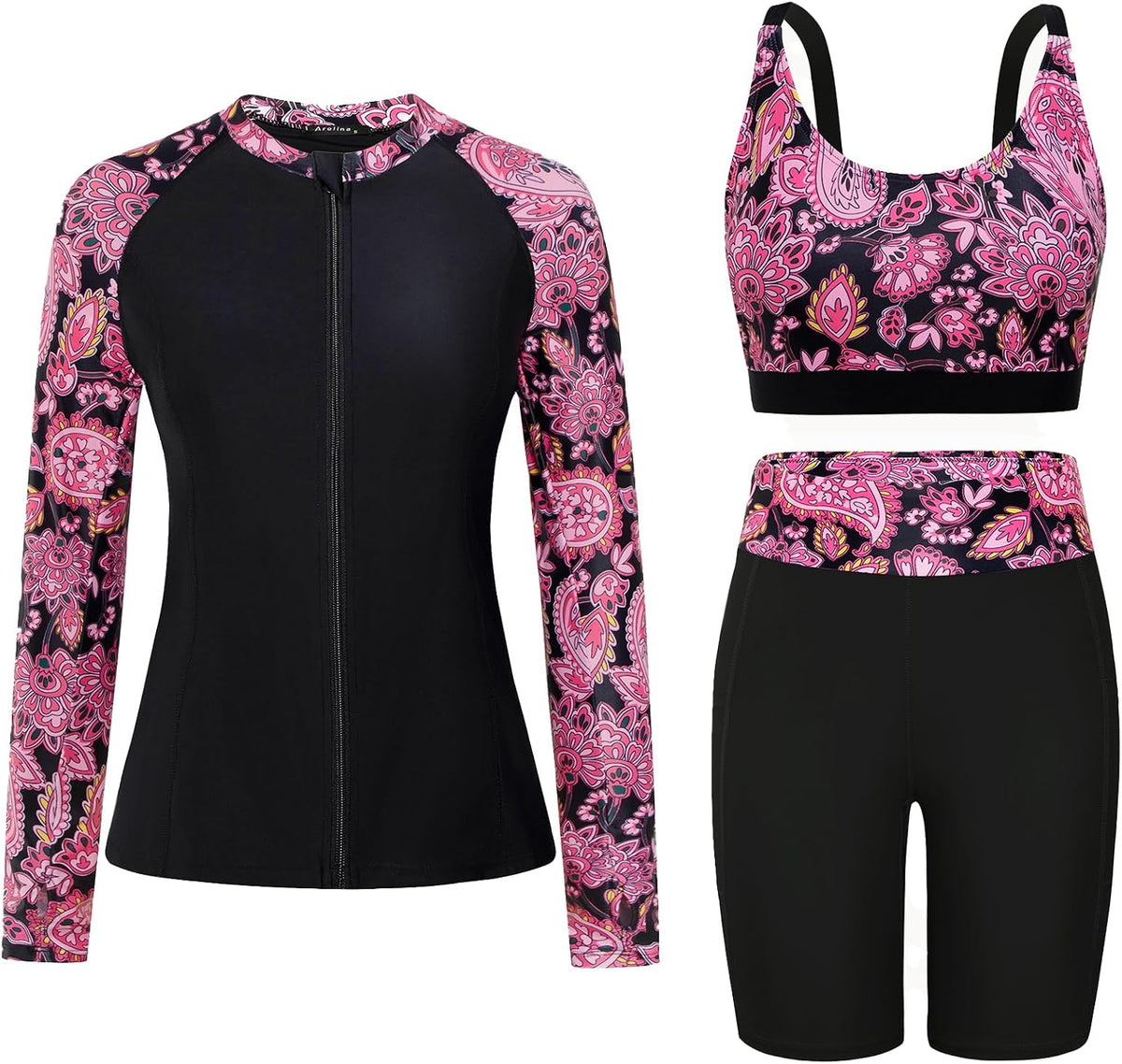 Women's Long Sleeve Rash Guard Set - Swim Shirt with Matching Shorts and Two Pockets for Beach and Pool - Black Flowers