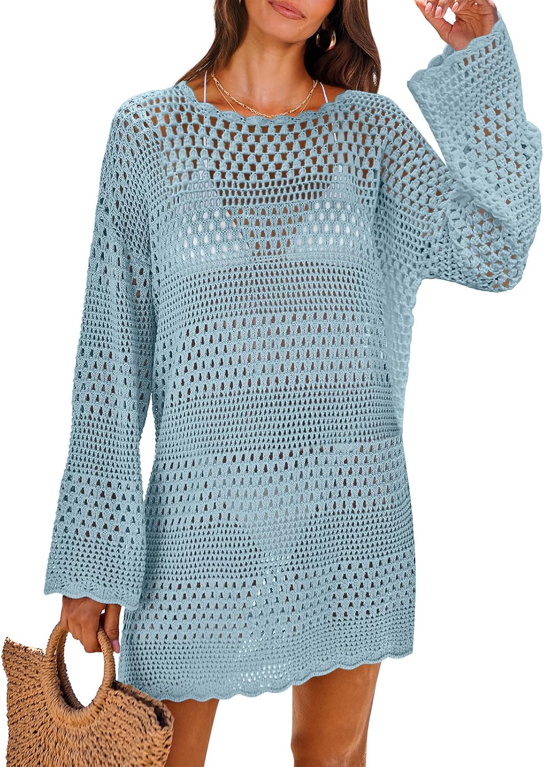Women's Crochet Cover-Up Mini Dress - Long Sleeve Mesh Knit with Scalloped Hem for Beach and Resort Wear - Small