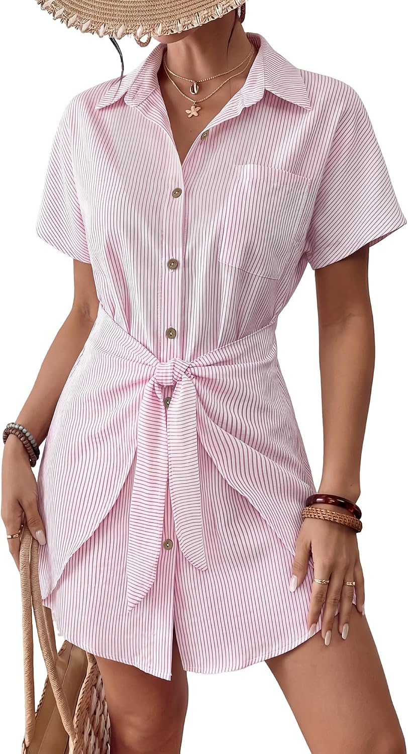 Women's Tie Front Beach Shirt Dress - Short Sleeve Button Down with Chest Pocket and High Low Hem - Small