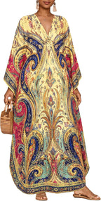 Women's Paisley Kaftan Dress - Batwing Sleeves, Deep V-Neck and Side Pockets for Beach and Resort Days - Nude Pink