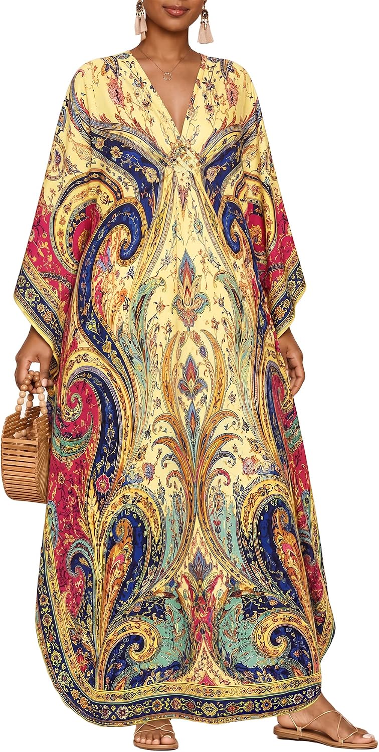Women's Paisley Kaftan Dress - Batwing Sleeves, Deep V-Neck and Side Pockets for Beach and Resort Days - Nude Pink