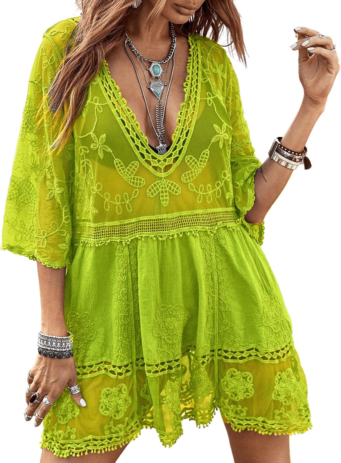 Women's Floral Lace V-Neck Crochet Swim Cover-Up