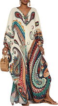 Women's Paisley Kaftan Dress - Batwing Sleeves, Deep V-Neck and Side Pockets for Beach and Resort Days - Beige