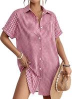 Women's Button Down Beach Shirt Dress - Relaxed Cover-Up in Stripes, Jacquard and Solids for Vacations - Hot Pink