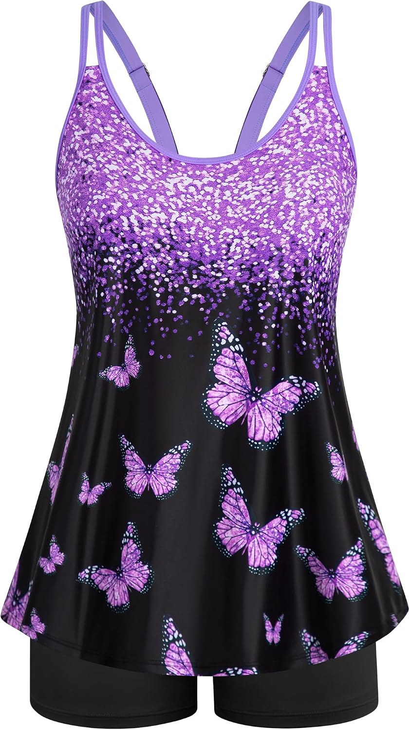 Women's Flowy Tankini Set - Scoop Neck Top with Removable Pads and High Waisted Bottoms for Modest Swims - Large (28)