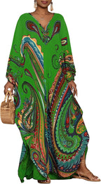 Women's Paisley Kaftan Dress - Batwing Sleeves, Deep V-Neck and Side Pockets for Beach and Resort Days - Orange