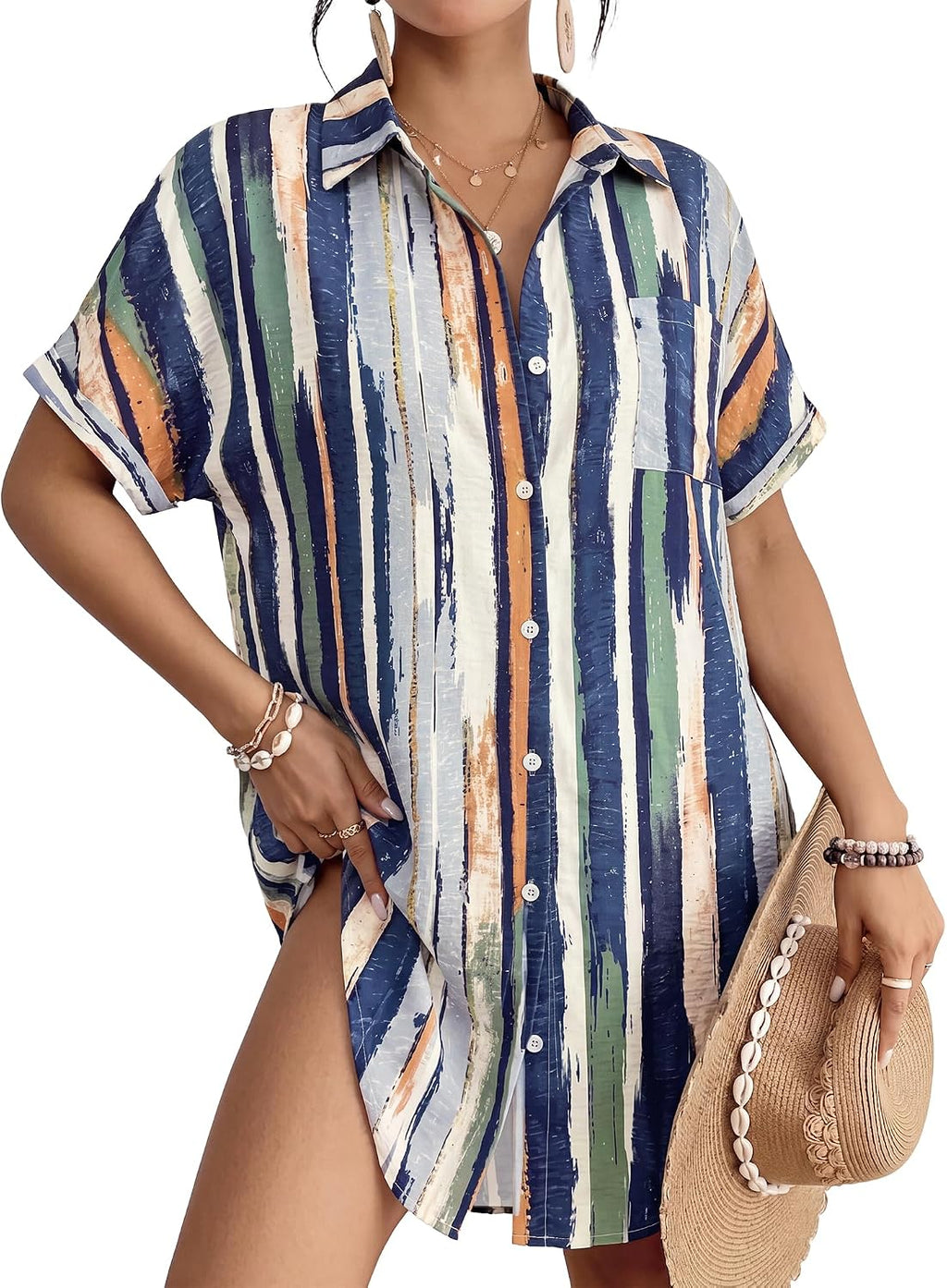 Women's Button Down Beach Shirt Dress - Relaxed Cover-Up in Stripes, Jacquard and Solids for Vacations - Bean Pink
