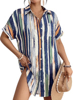 Women's Button Down Beach Shirt Dress - Relaxed Cover-Up in Stripes, Jacquard and Solids for Vacations - Bean Pink