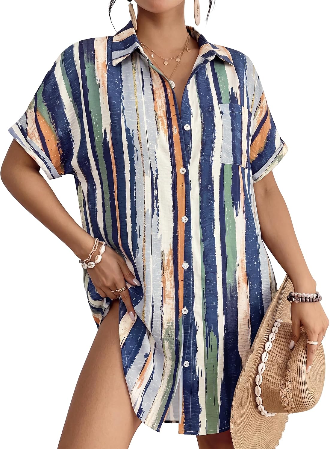 Women's Button Down Beach Shirt Dress - Relaxed Cover-Up in Stripes, Jacquard and Solids for Vacations - Bean Pink