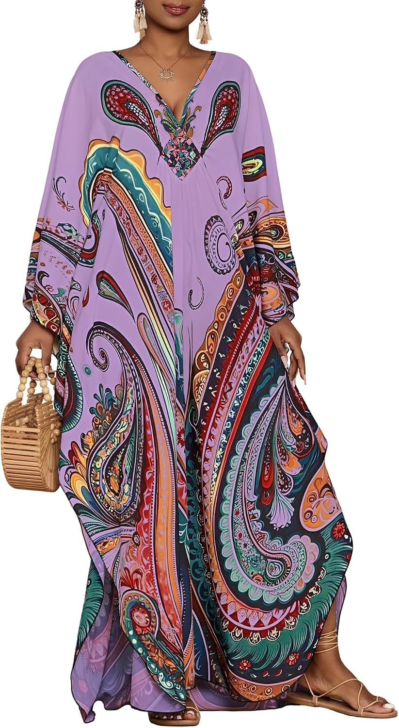 Women's Paisley Kaftan Dress - Batwing Sleeves, Deep V-Neck and Side Pockets for Beach and Resort Days - Black