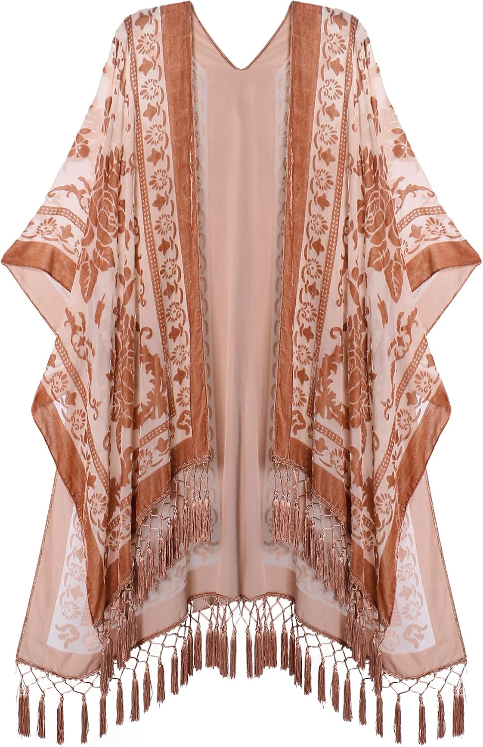 Women's Burnout Velvet Kimono - Long Cardigan Cover-Up with Tassel Trim for Evenings and Resort Wear - Aquamarine