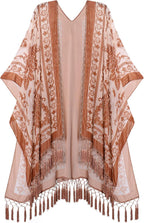 Women's Burnout Velvet Kimono - Long Cardigan Cover-Up with Tassel Trim for Evenings and Resort Wear - Aquamarine