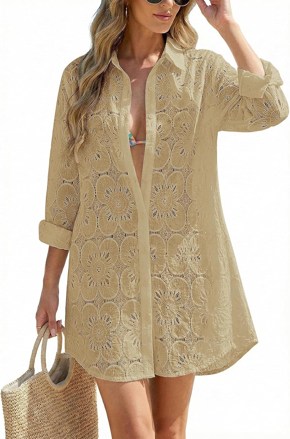 Women's Eyelet Beach Shirt Dress - Long Sleeve Button Down Cover-Up in Prints and Solids for Resort Days - White