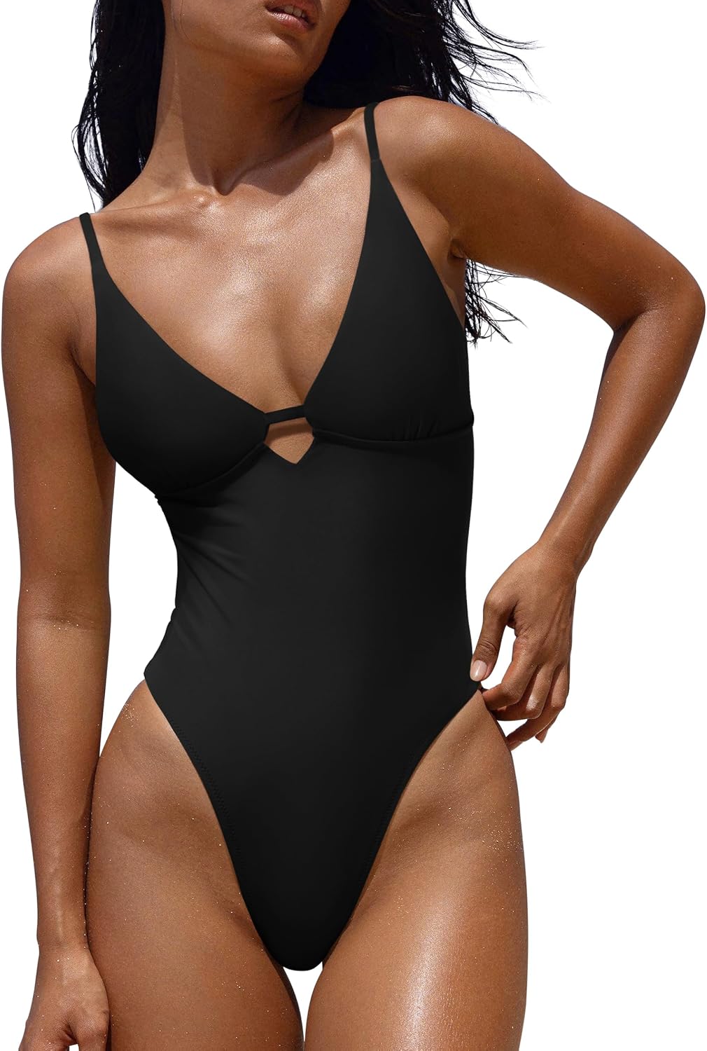 Women's V-Neck One Piece Swimsuit - Crisscross Low Back with Adjustable Straps and Removable Soft Cups - Small