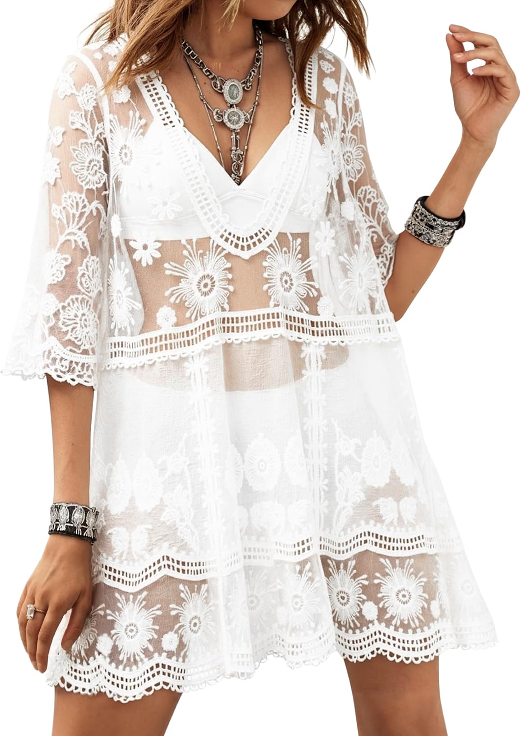 Women's Floral Lace V-Neck Crochet Swim Cover-Up