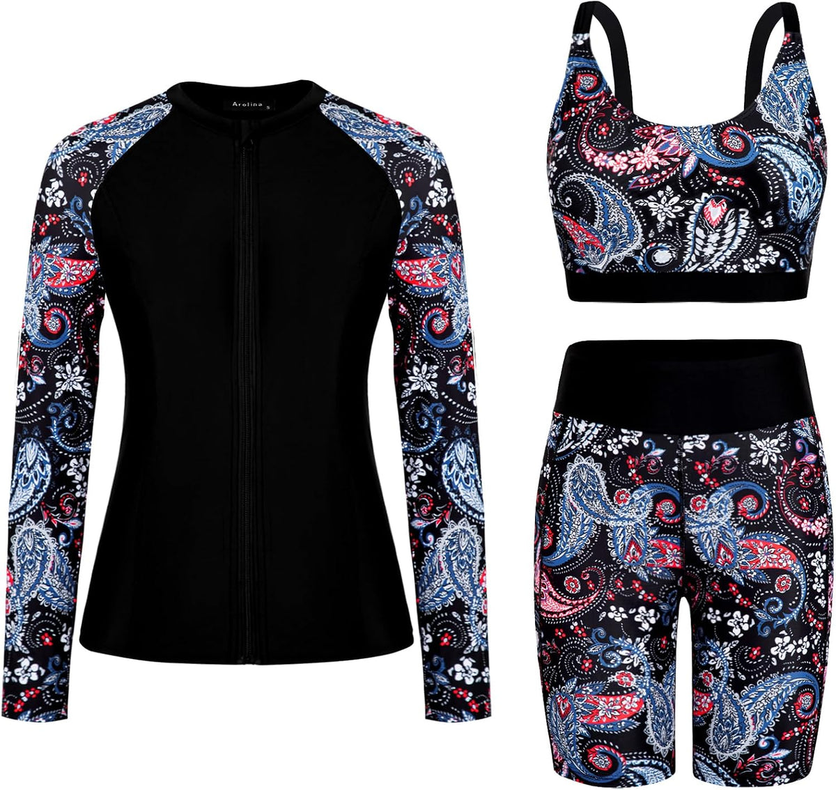 Women's Long Sleeve Rash Guard Set - Swim Shirt with Matching Shorts and Two Pockets for Beach and Pool - Black