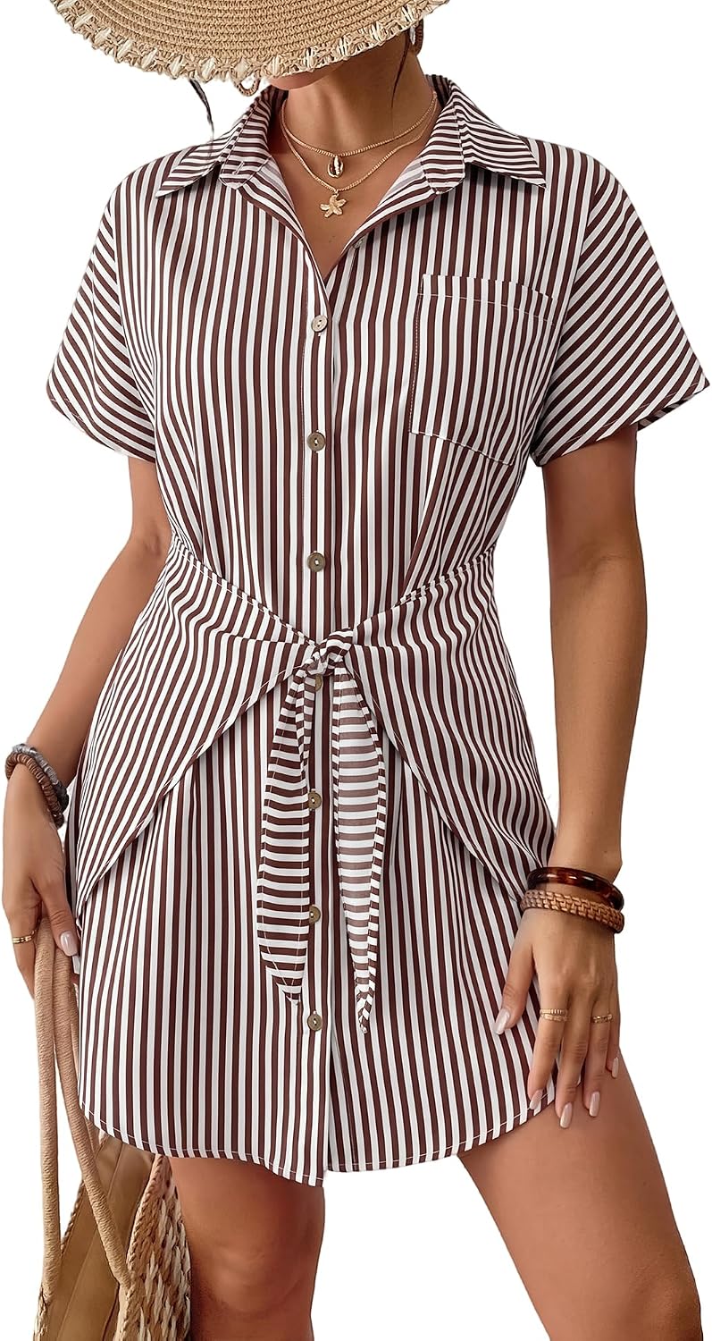 Women's Tie Front Beach Shirt Dress - Short Sleeve Button Down with Chest Pocket and High Low Hem - Small