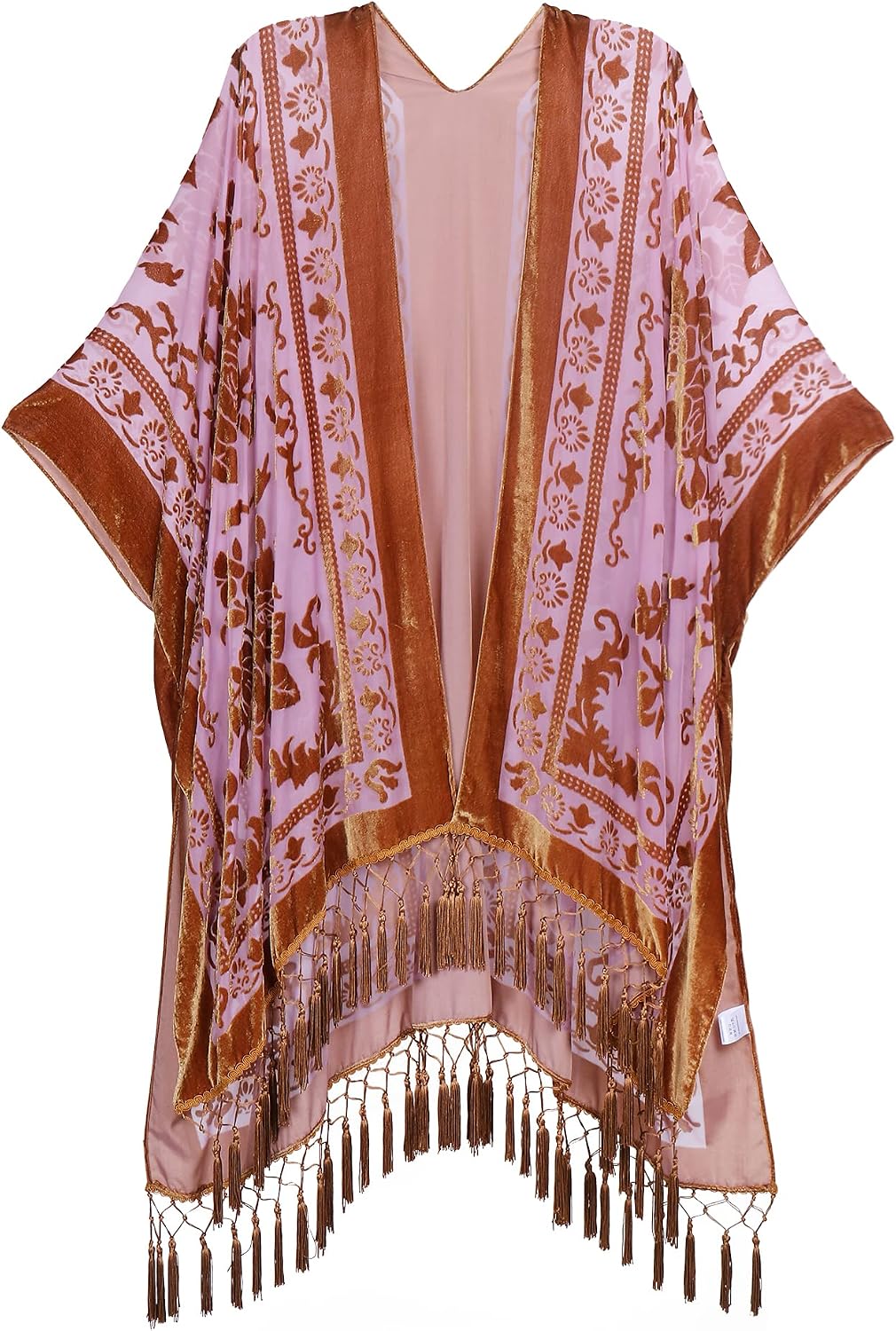 Women's Burnout Velvet Kimono - Long Cardigan Cover-Up with Tassel Trim for Evenings and Resort Wear - Black Cathaya