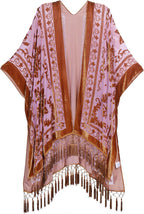 Women's Burnout Velvet Kimono - Long Cardigan Cover-Up with Tassel Trim for Evenings and Resort Wear - Black Cathaya