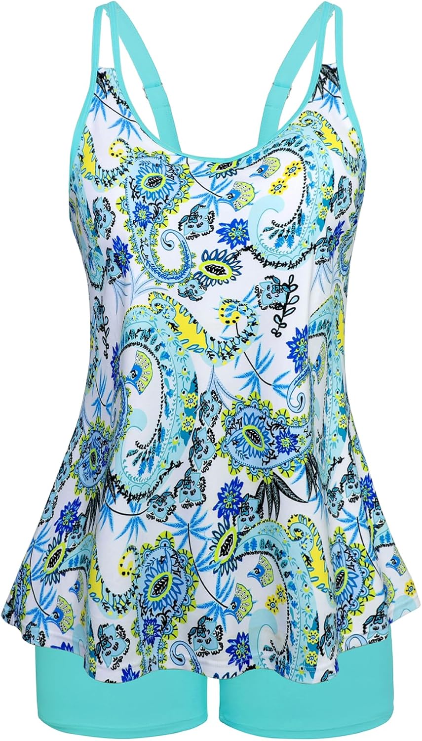 Women's Flowy Tankini Set - Scoop Neck Top with Removable Pads and High Waisted Bottoms for Modest Swims - Large (25)