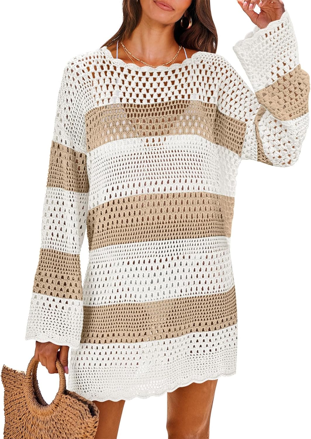 Women's Crochet Cover-Up Mini Dress - Long Sleeve Mesh Knit with Scalloped Hem for Beach and Resort Wear - Large