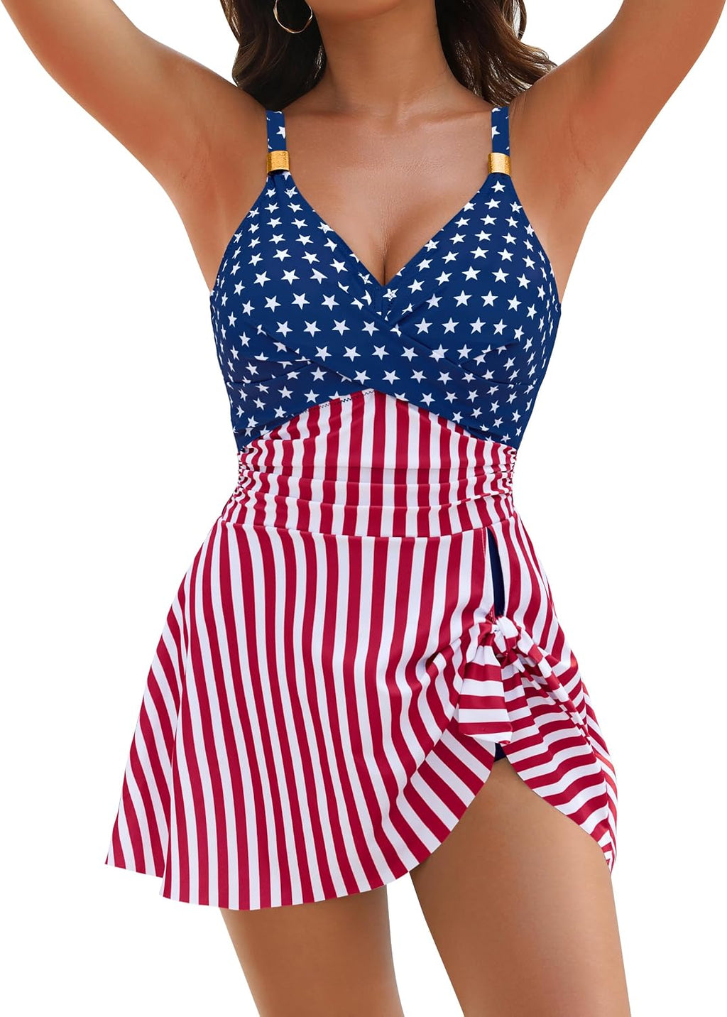 Women's Tummy Control One Piece Swimsuit - V-Neck with Gold Metal Ring, Tie Knot Front and Removable Pads - Medium